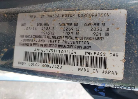 2015 Mazda Mazda6 I Touring z USA, uszkodzony, nr VIN JM1GJ1V51F1201124